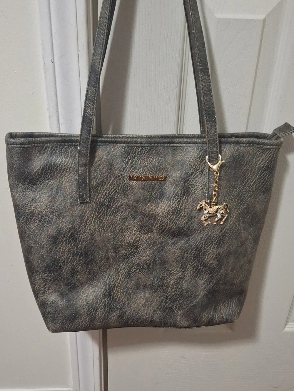 Montana West Gray Faux Leather Tote with Gold Horse Charm